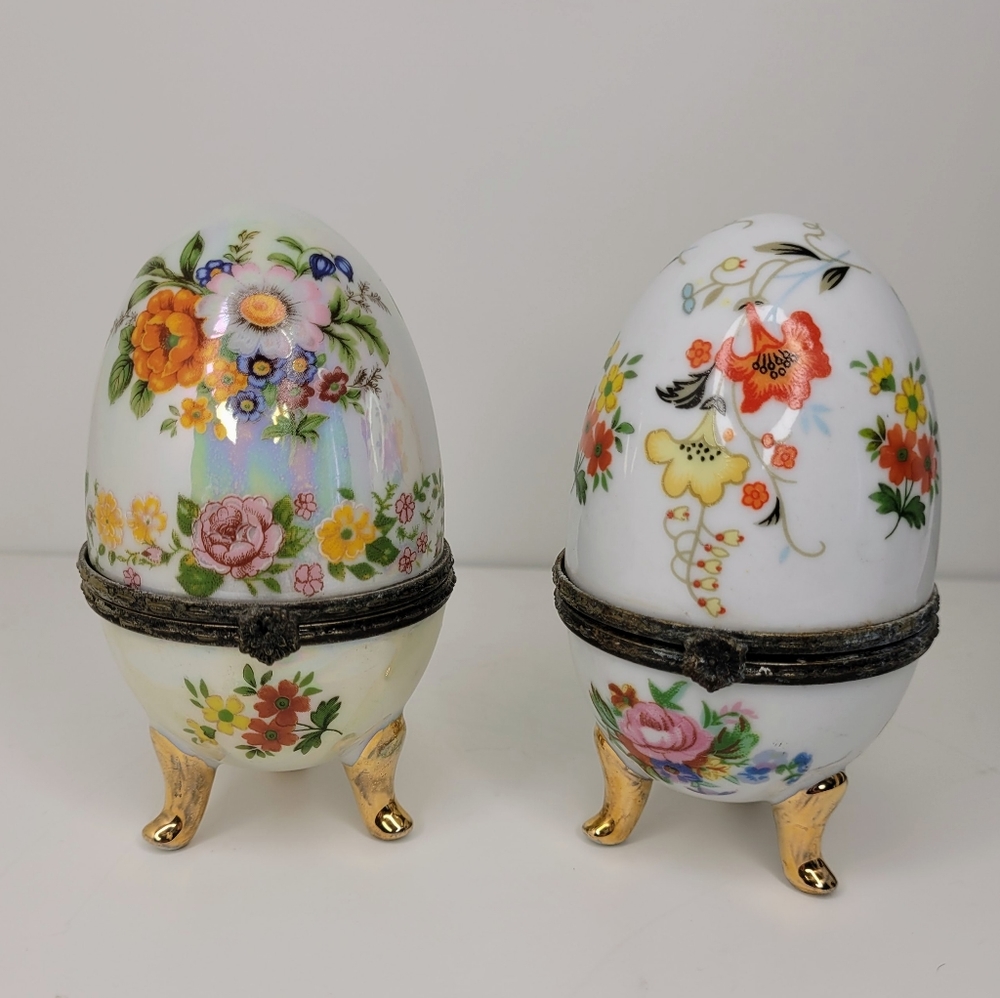 Two - Vintage Porcelain Floral Luster Egg Trinket Boxes
